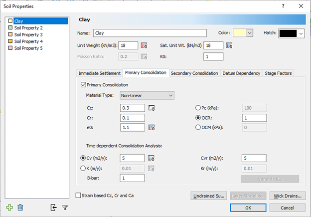 Soil Properties dialog - Clay